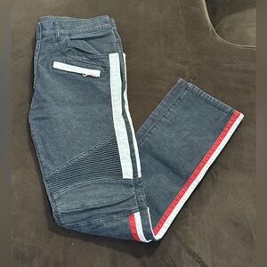 Balmain Paris Grey Red White Striped Slim Fit Skinny Ribbed Biker Jeans Size 33